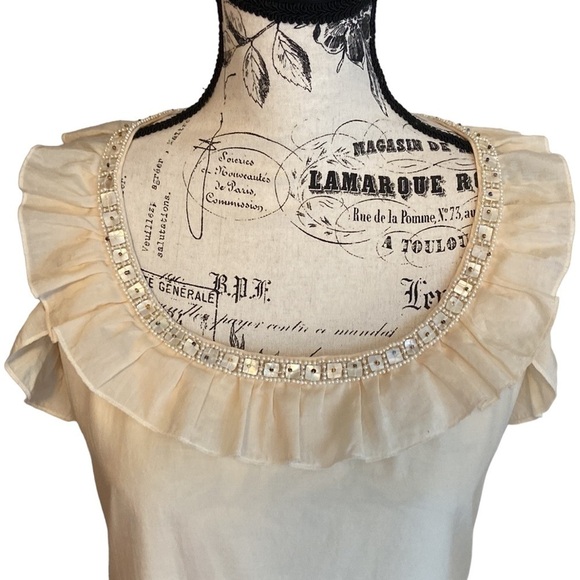 Jenny Han Shift Dress Ruffle Beaded Cotton/Silk Cream Size M - Picture 2 of 8
